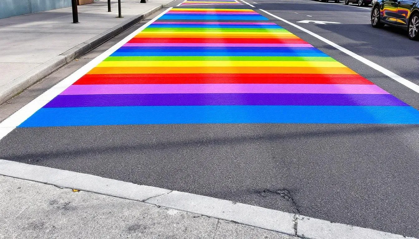 De afbeelding toont een kleurrijk regenboogzebrapad, geschilderd met regenboogkleuren, dat zich uitstrekt over de weg en bedoeld is voor voetgangersoversteekplaatsen. Dit zebrapad, dat ook wel een officieel zebrapad genoemd wordt, symboliseert acceptatie en diversiteit in de stad, terwijl het tegelijkertijd de verkeersveiligheid bevordert voor overstekende voetgangers.